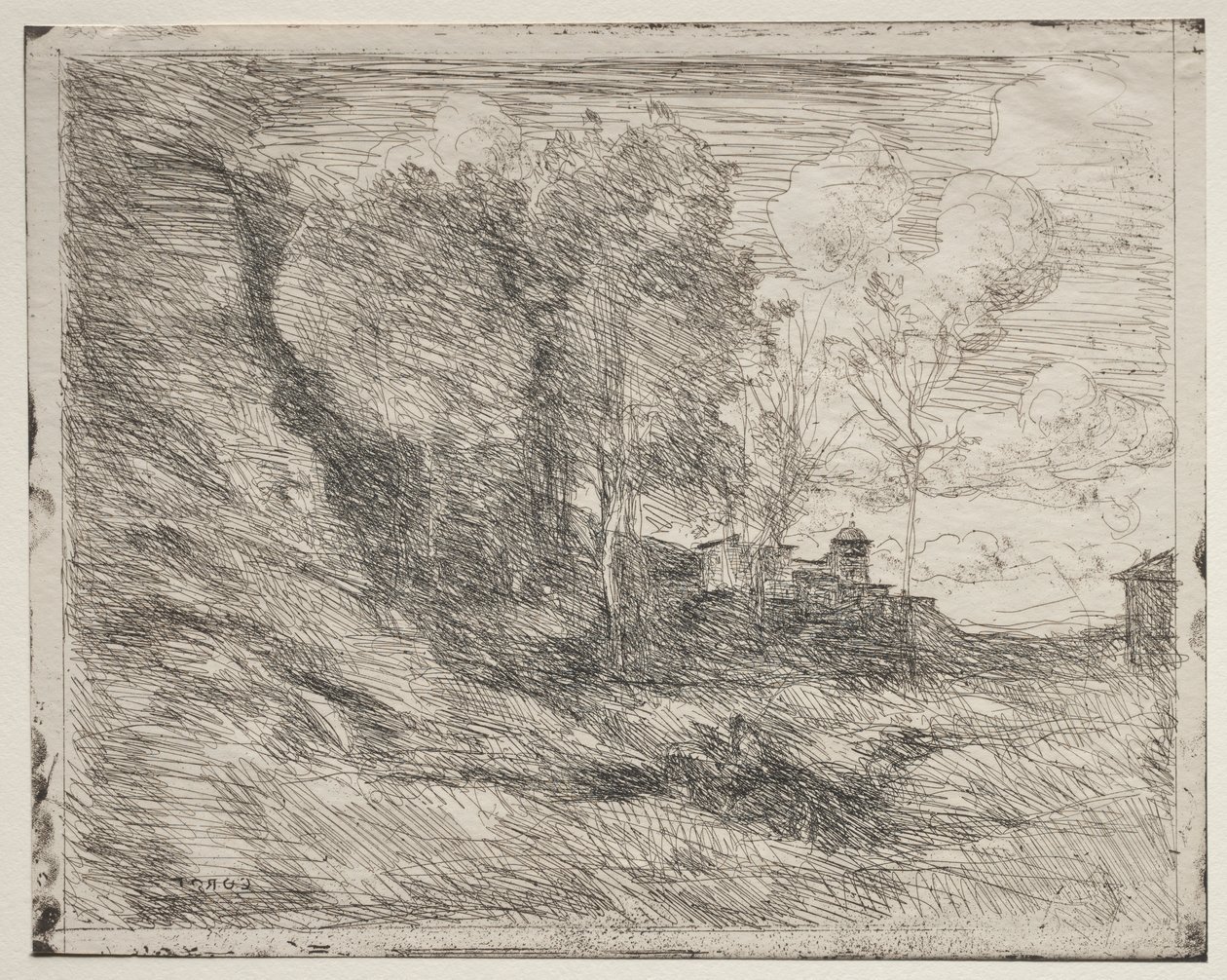 A Souvenir of Ostia, originalt inntrykk 1855, trykt i 1921. av Jean Baptiste Camille Corot