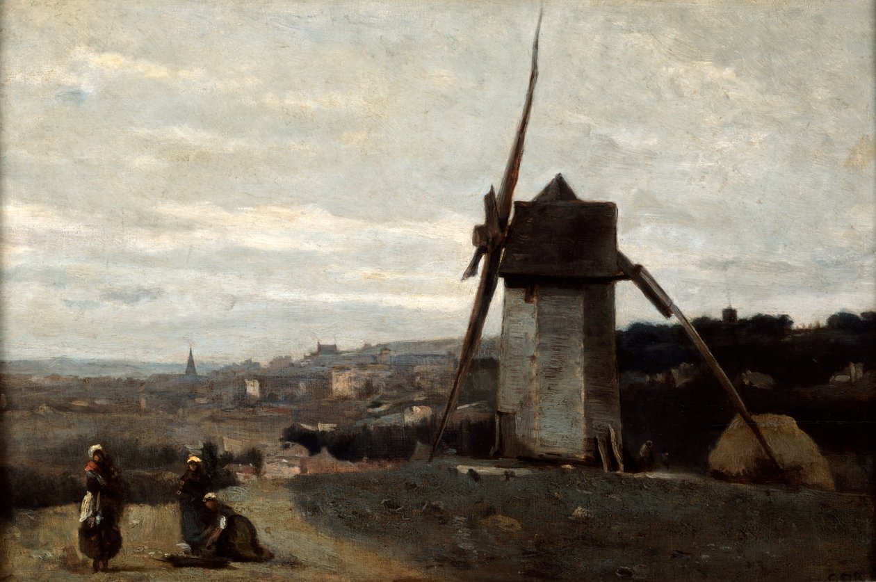 En vindmølle, Etretat, 1800-tallet. av Jean Baptiste Camille Corot