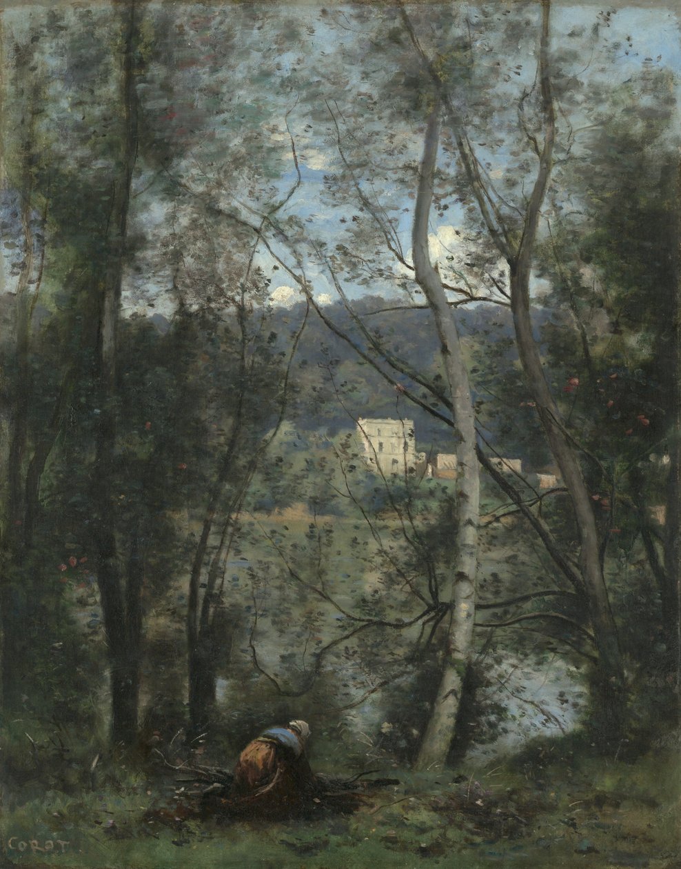 En kvinne som samler fagots i Ville-dAvray, ca. 1871-74. av Jean Baptiste Camille Corot