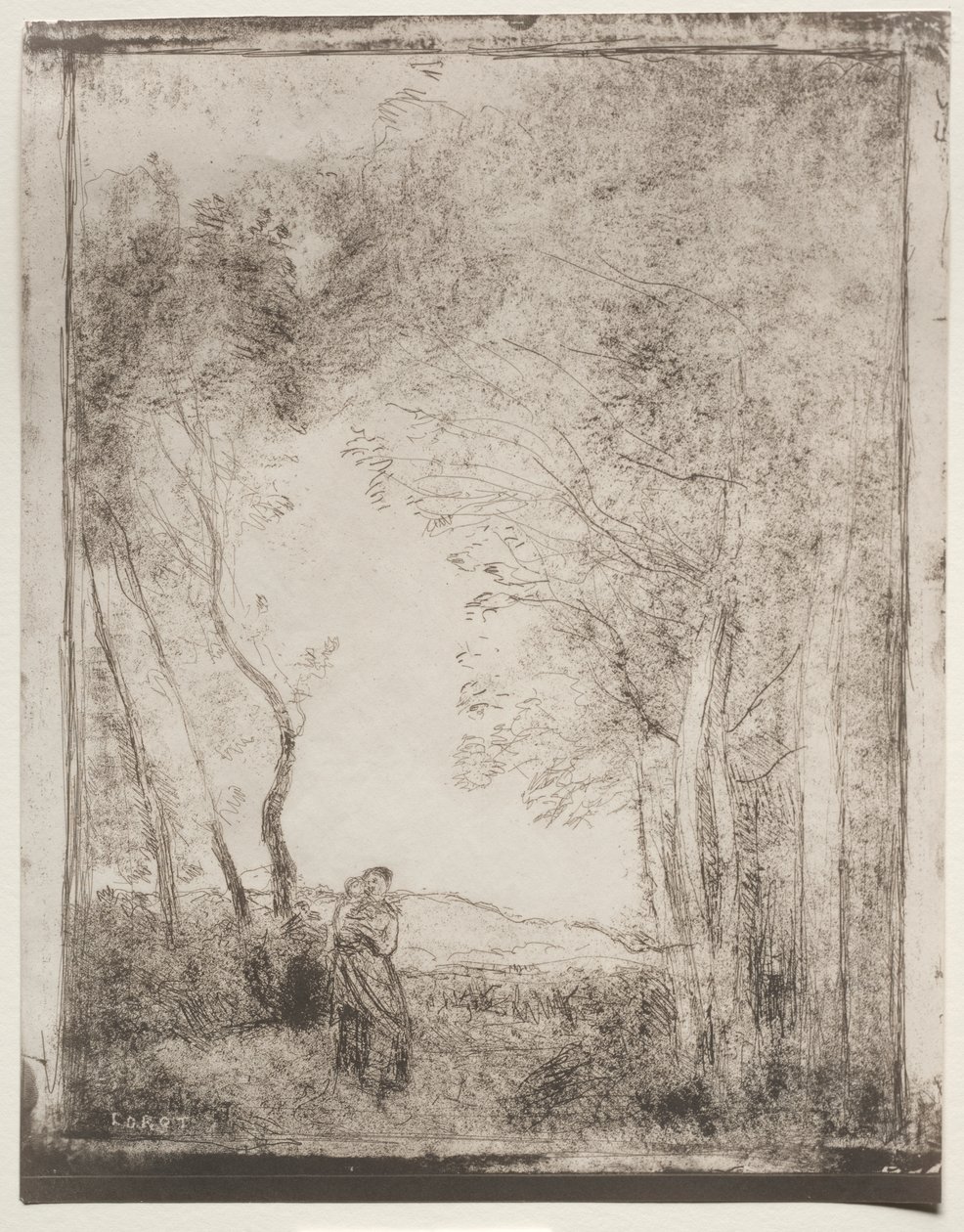 En ung mor ved inngangen til en skog av Jean Baptiste Camille Corot