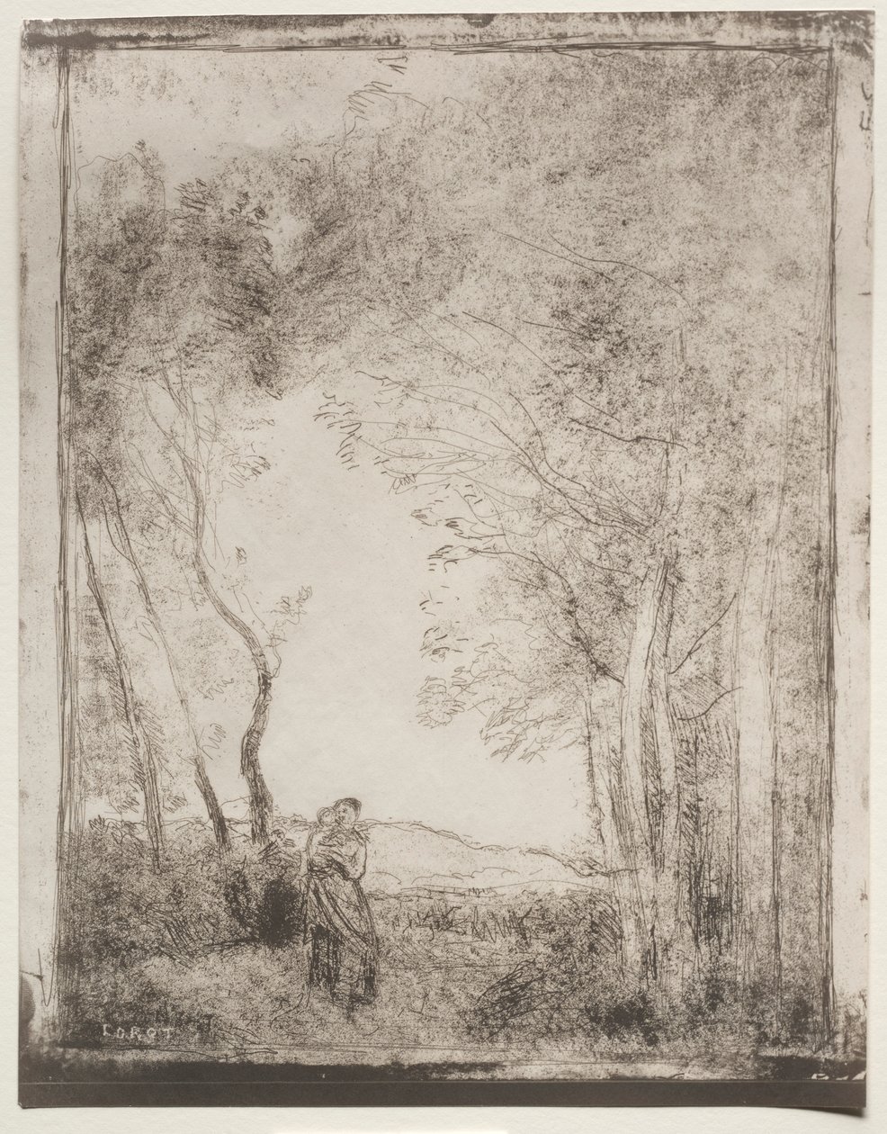 A Young Mother at the Entrance of a Wood, originalt inntrykk 1856, trykt i 1921. av Jean Baptiste Camille Corot