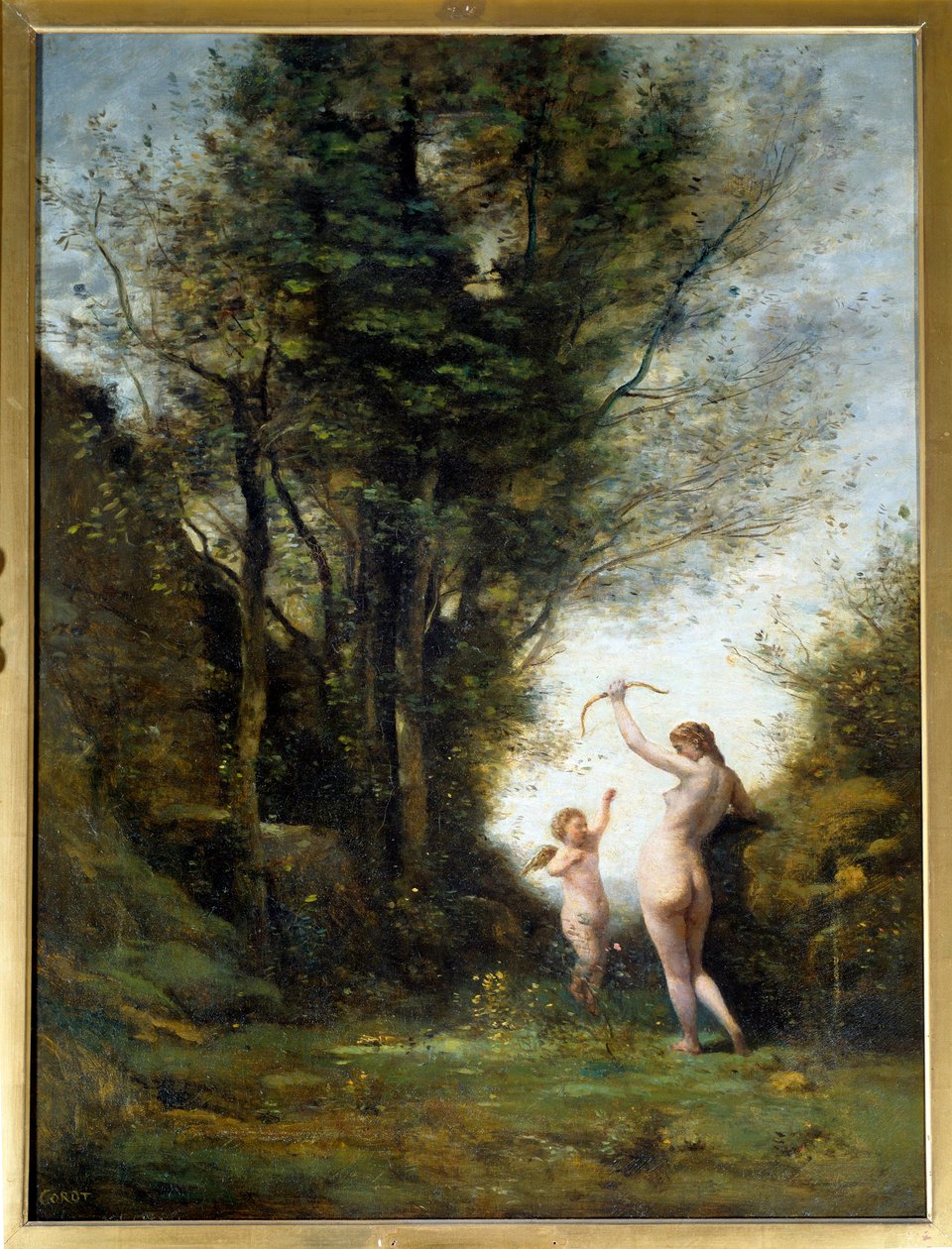 En nymfe som leker med en kjærlighet. Maleri av Camille Corot (1796-1875) av Jean Baptiste Camille Corot