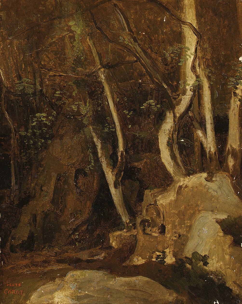 Ved Civita Castellana, Wooded Rocks, 1825-28 av Jean Baptiste Camille Corot