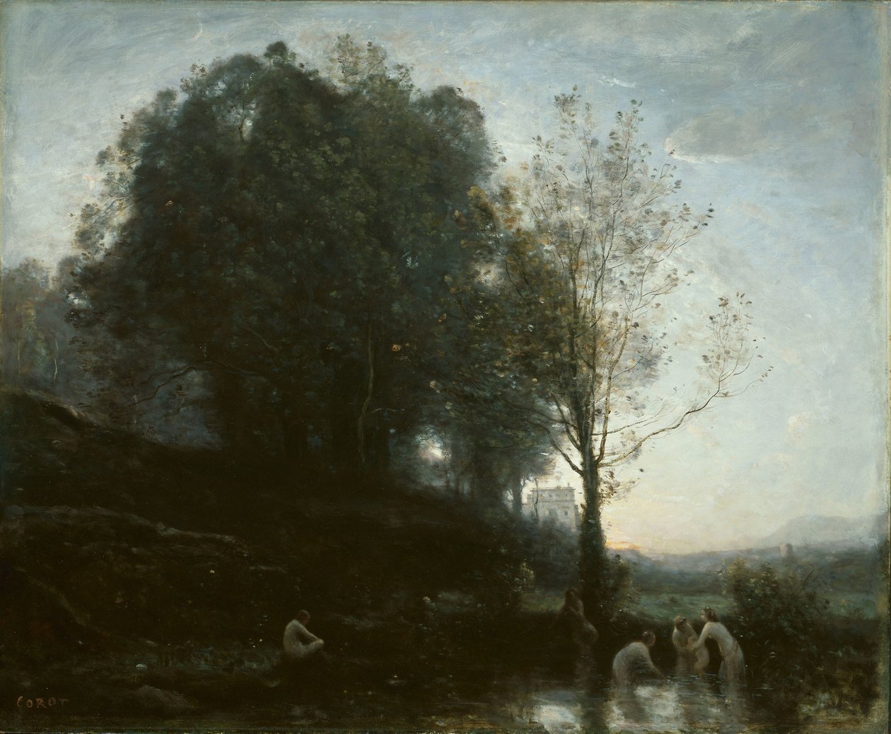 Badende nymfer og barn av Jean Baptiste Camille Corot