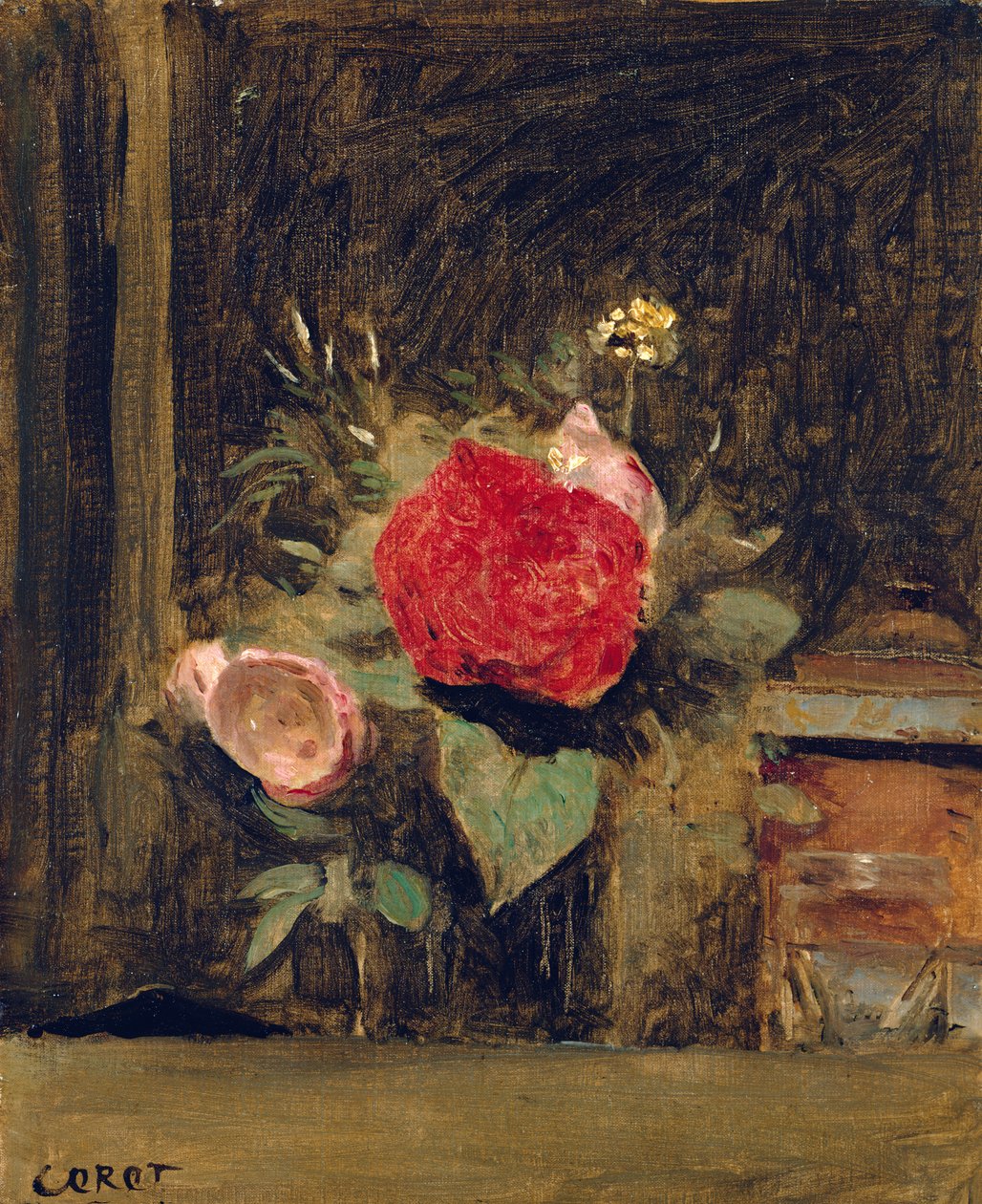 Bukett med blomster i et glass ved siden av en tobakkskrukke, ca. 1873-74 av Jean Baptiste Camille Corot