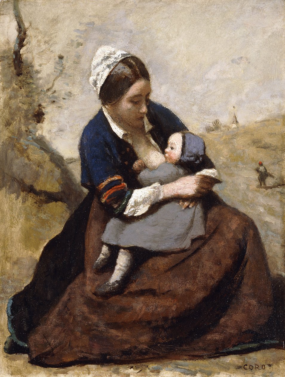 Bretonsk som ammer barnet sitt; Breton som ammer sitt barn, 1855-1860 av Jean Baptiste Camille Corot