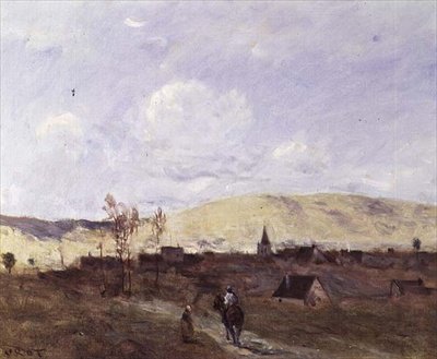 Cavalier i syne av en landsby av Jean Baptiste Camille Corot