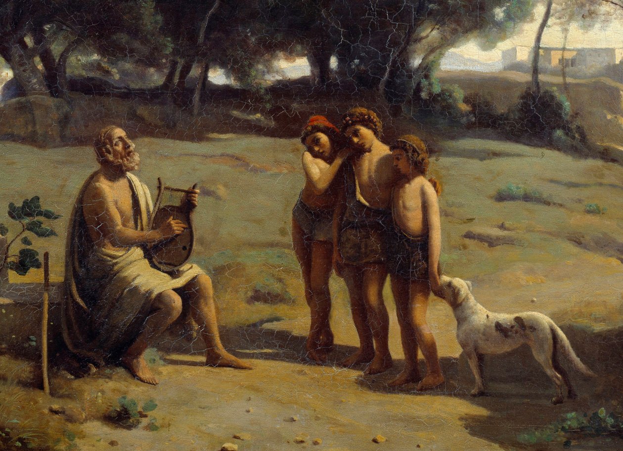 Detalj av maleriet "" Homere and Shepherds""". Den greske poeten på øya Pathmos og de tre unge guttene. Maleri av Camille Corot (1796-1875) 1845 Søn. 0,8x1,3 m Saint Lo, Musee des Beaux Arts av Jean Baptiste Camille Corot