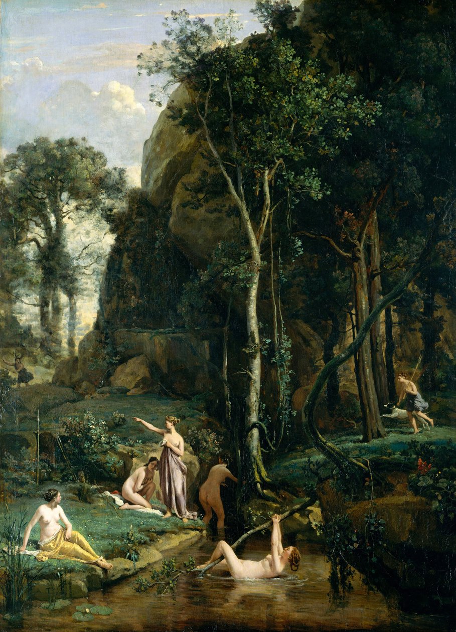 Actaeon overrasker gudinnen Artemis (Diana) mens han bader med kameratene sine av Jean Baptiste Camille Corot