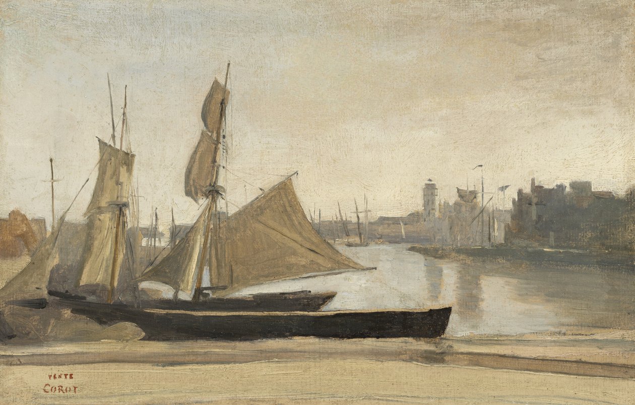 Dunkerque, fiskebåter knyttet til bryggen, ca. 1830 av Jean Baptiste Camille Corot