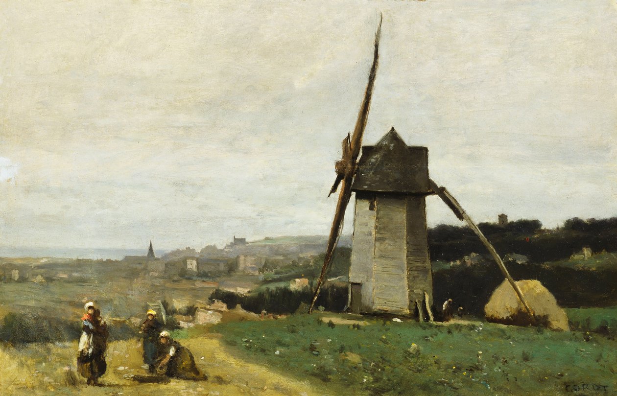 Etretat-a vindmølle, av Jean Baptiste Camille Corot