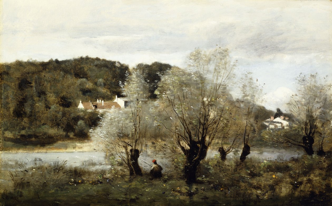 Fisker på kanten av en dam i landsbyen Avary; Pecheur au Bord de L"Etang a Ville d"Avray, ca. 1850-55 av Jean Baptiste Camille Corot