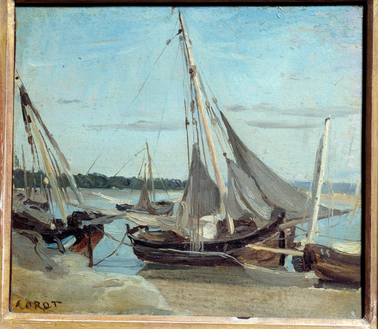 Fiskebåter i Trouville Channel. Maleri av Camille Corot (1796-1875) av Jean Baptiste Camille Corot
