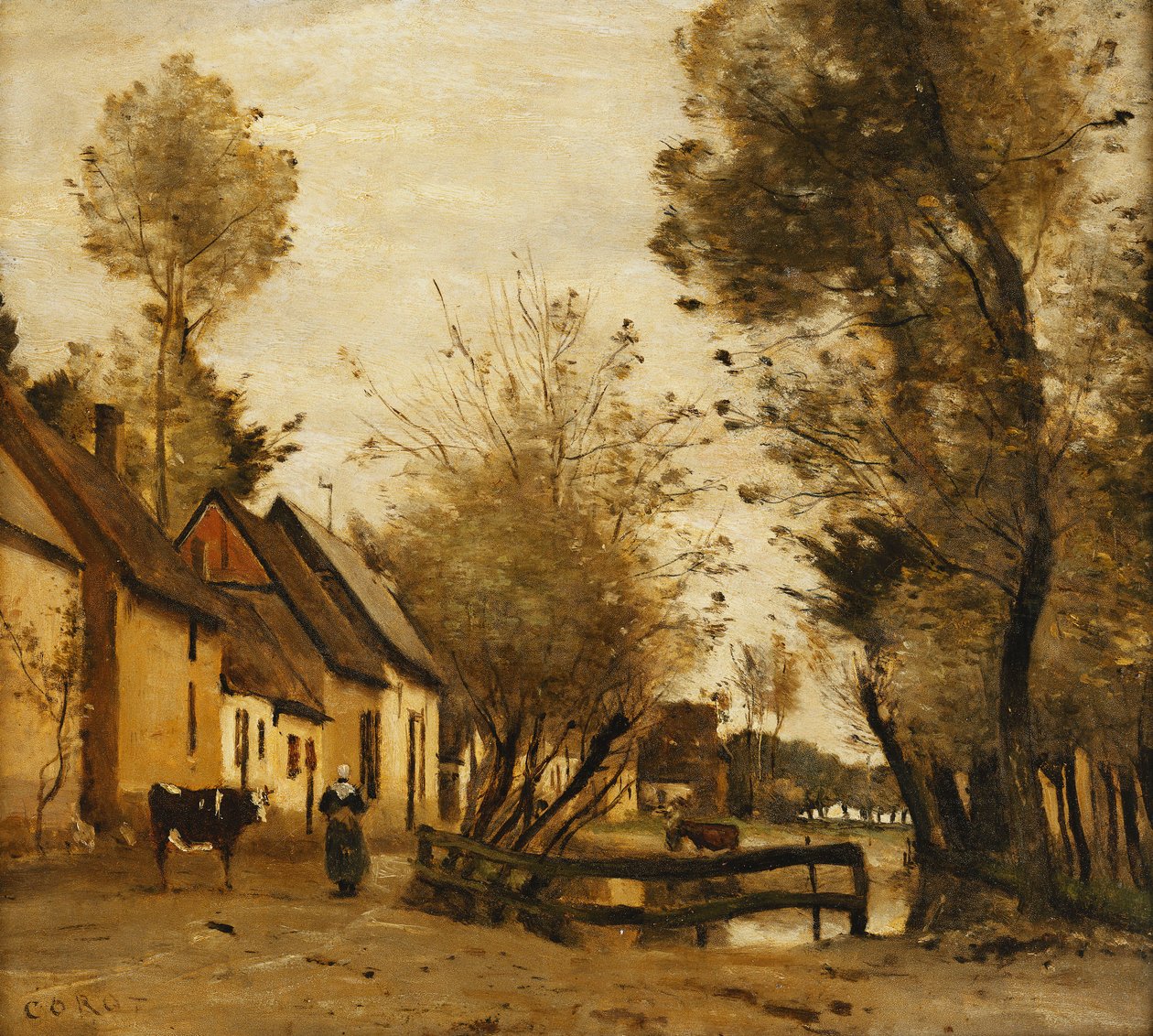 Flesselles, Gate med bonde og ku; Flesselles, en gate med en bondekvinne og hennes ku, ca. 1862-1865 av Jean Baptiste Camille Corot