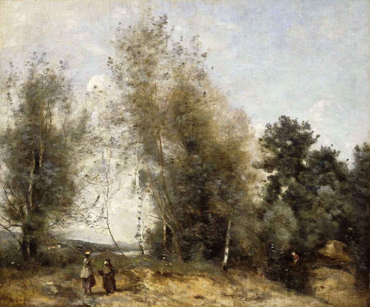 Gruppe av trær ved kanten av en dam med tre bønder; Gruppe av trær ved kanten av en dam, med tre bondepiker, ca. 1865-1870 av Jean Baptiste Camille Corot