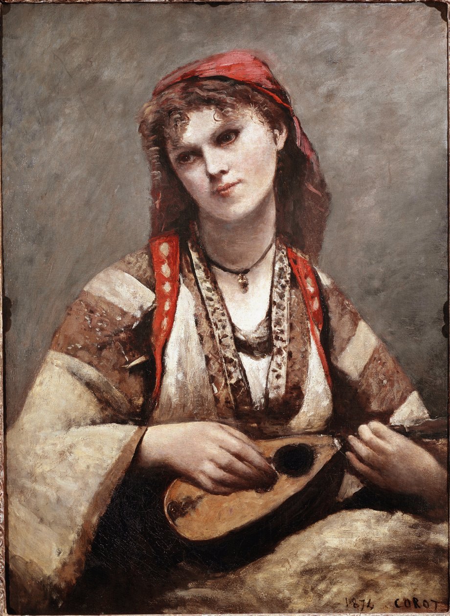 Gypsy har mandolin. Maleri av Jean-Baptiste Camille Corot (1796-1875). 1874. Kunstmuseet i Sao Paulo. Brasil av Jean Baptiste Camille Corot
