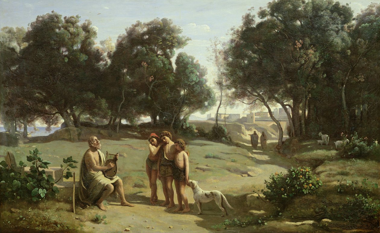 Homer og hyrdene i et landskap, 1845 av Jean Baptiste Camille Corot