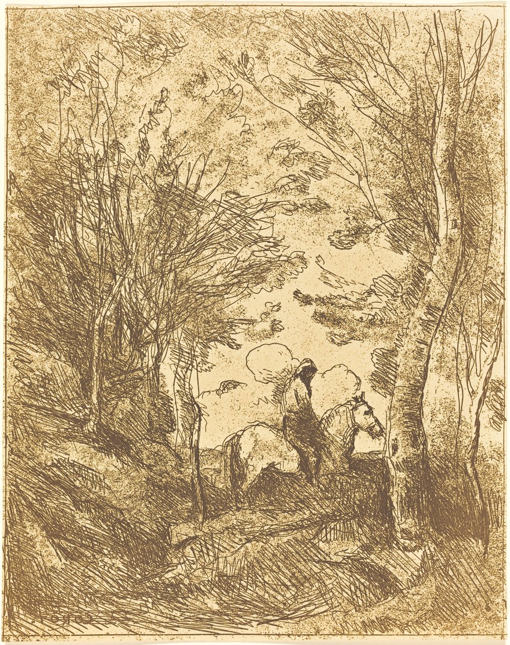 Rytter i skogen, stor tallerken (Le Grand Cavalier sous bois) av Jean Baptiste Camille Corot