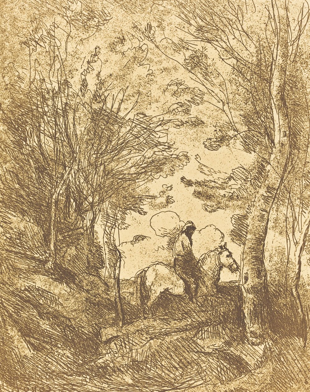 Horseman in the Woods, Large Plate Le Grand Cavalier sous bois, ca. 1854. av Jean Baptiste Camille Corot