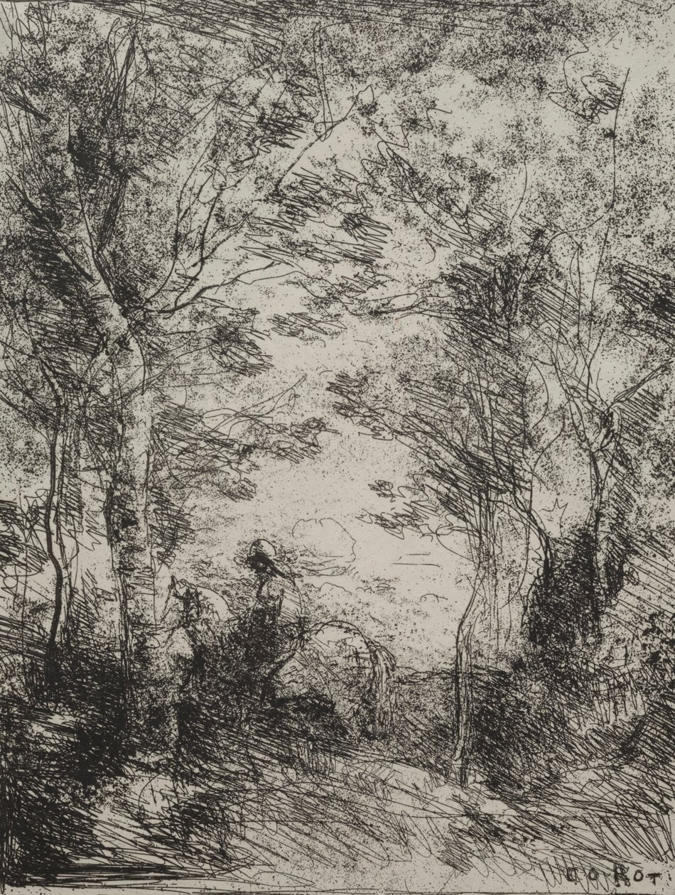 Horseman in the Woods, originalt inntrykk 1854, trykt i 1921. av Jean Baptiste Camille Corot