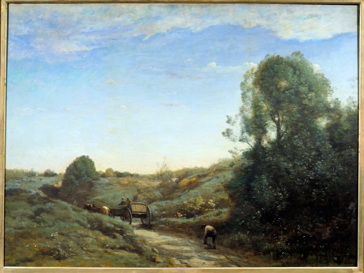 La Charrette - Souvenir fra Marcoussis (nær Montlhery). Maleri av Camille Corot (1796-1875), ca 1855. Olje på lerret. Størrelse: 0,97 x 1,30m. Paris, Musee d'Orsay av Jean Baptiste Camille Corot