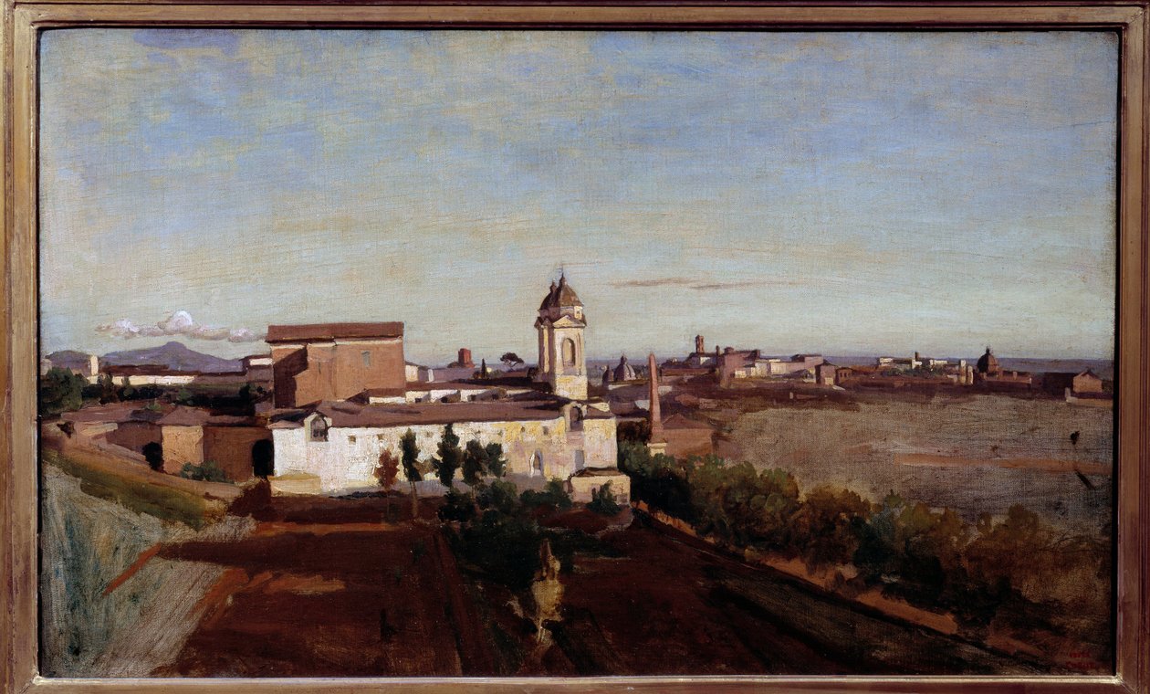 La Trinite des Monts utsikt fra Villa Medicis Utsikt over kirken Trinita dei Monti i Roma. Maleri av Camille Corot (1796-1875) 1800-tallets søn. 0,45x0,74 m av Jean Baptiste Camille Corot