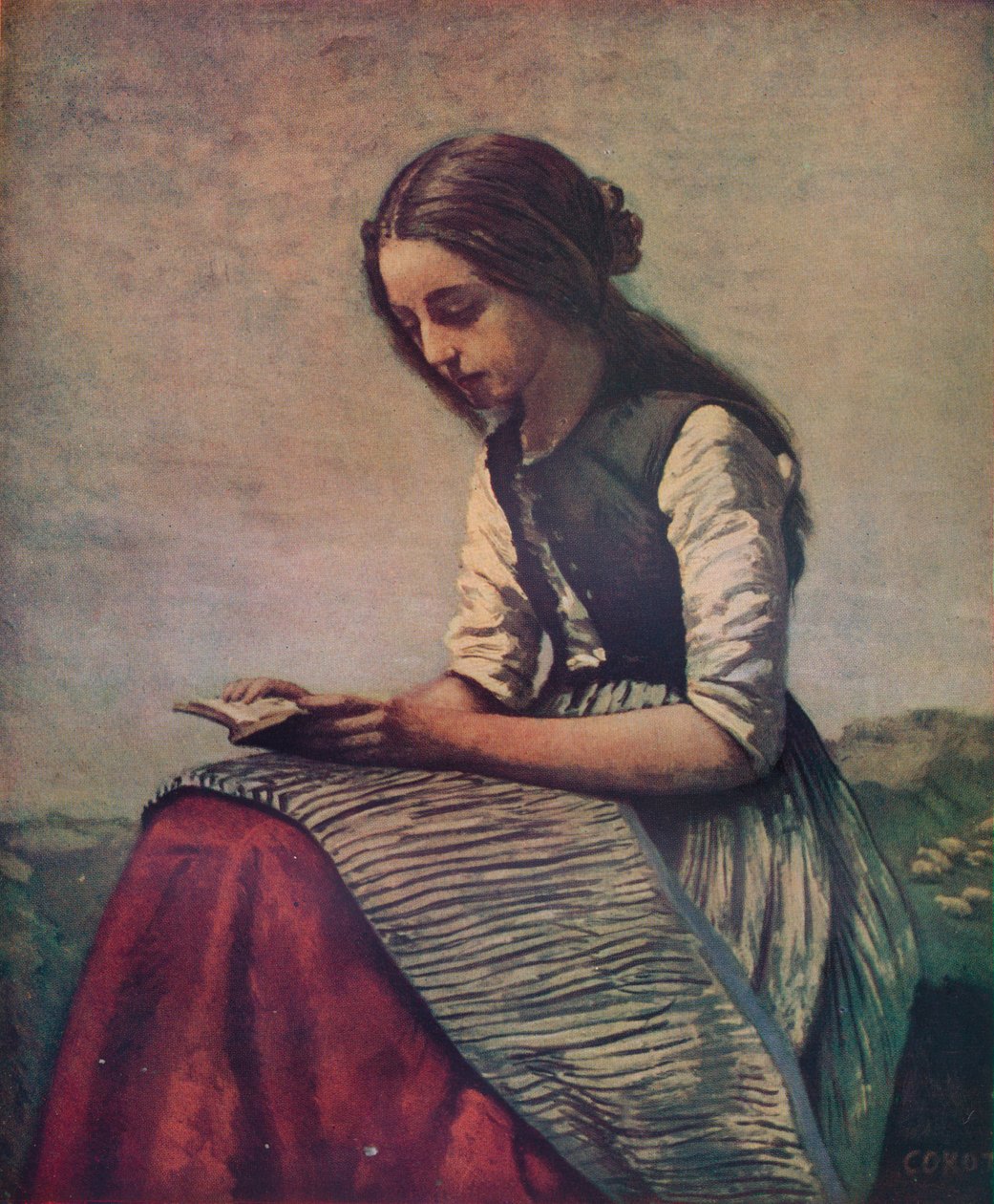 La petite Liseuse eller ung gjeterinne sitter og leser, c1855 av Jean Baptiste Camille Corot