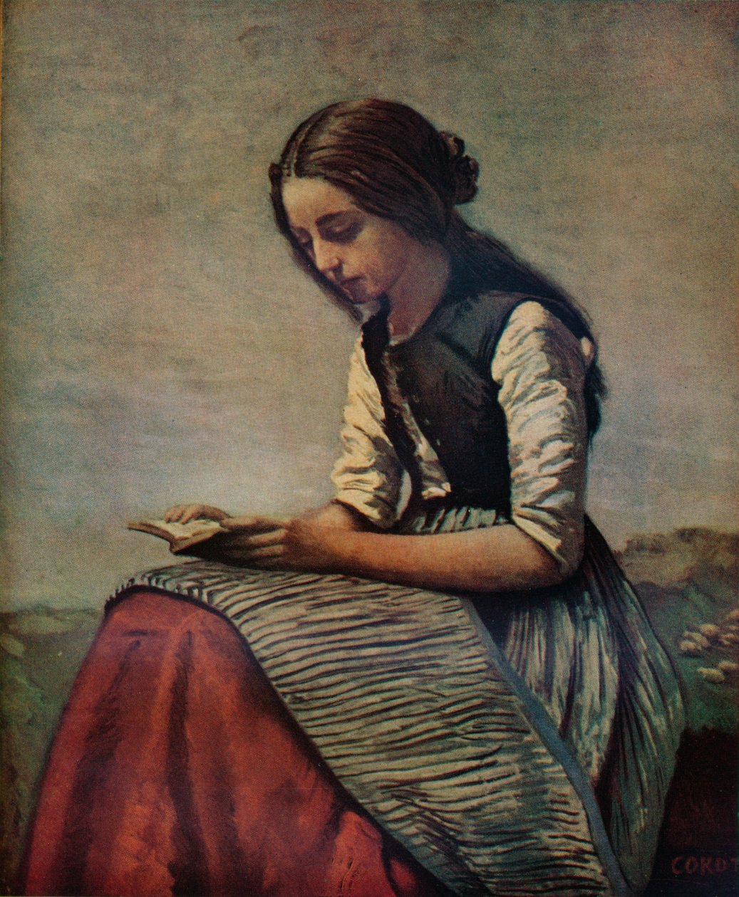 La petite Liseuse eller ung gjeterinne sitter og leser, c1855 av Jean Baptiste Camille Corot