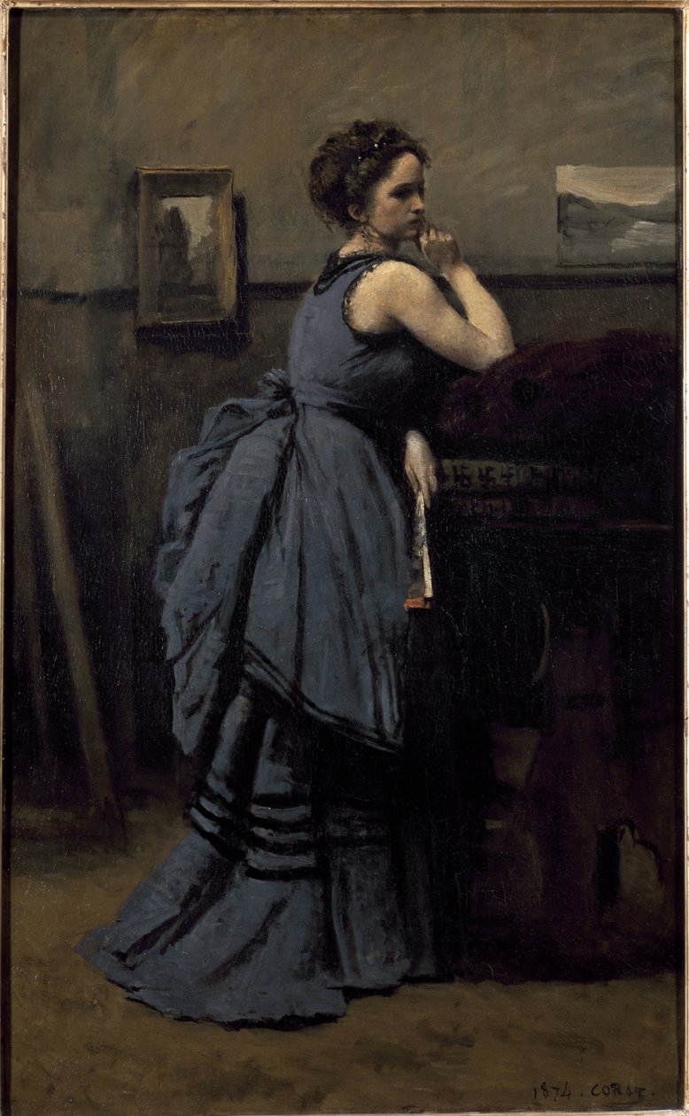 Dame i blått (olje på lerret av Jean Baptiste Camille Corot