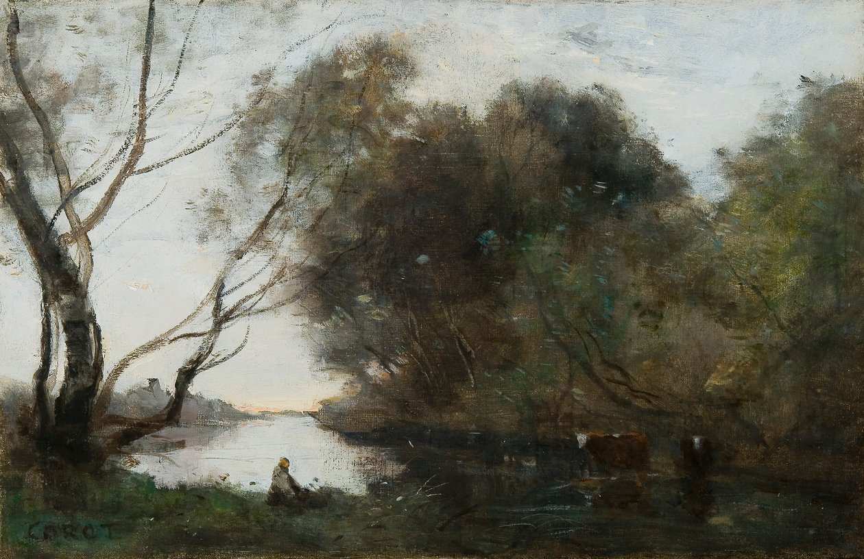 Innsjø: Solnedgang, c1820-1860. av Jean Baptiste Camille Corot