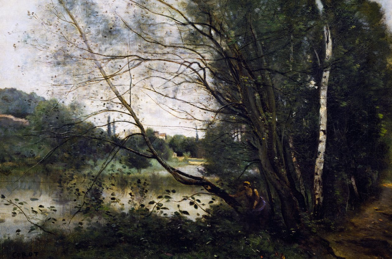 Innsjø med den skjeve trestammen av Jean Baptiste Camille Corot