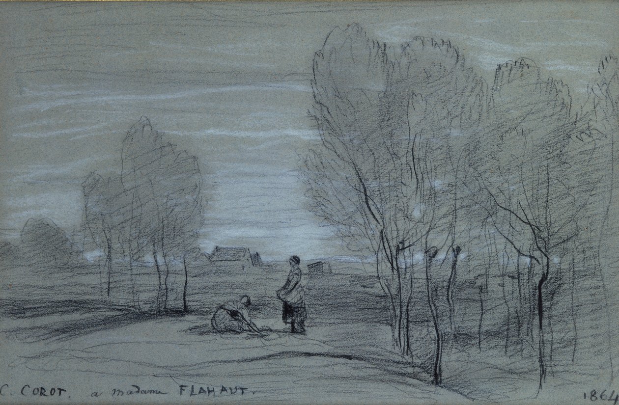 Landskap, 1864 (svart og hvitt kritt på papir) av Jean Baptiste Camille Corot
