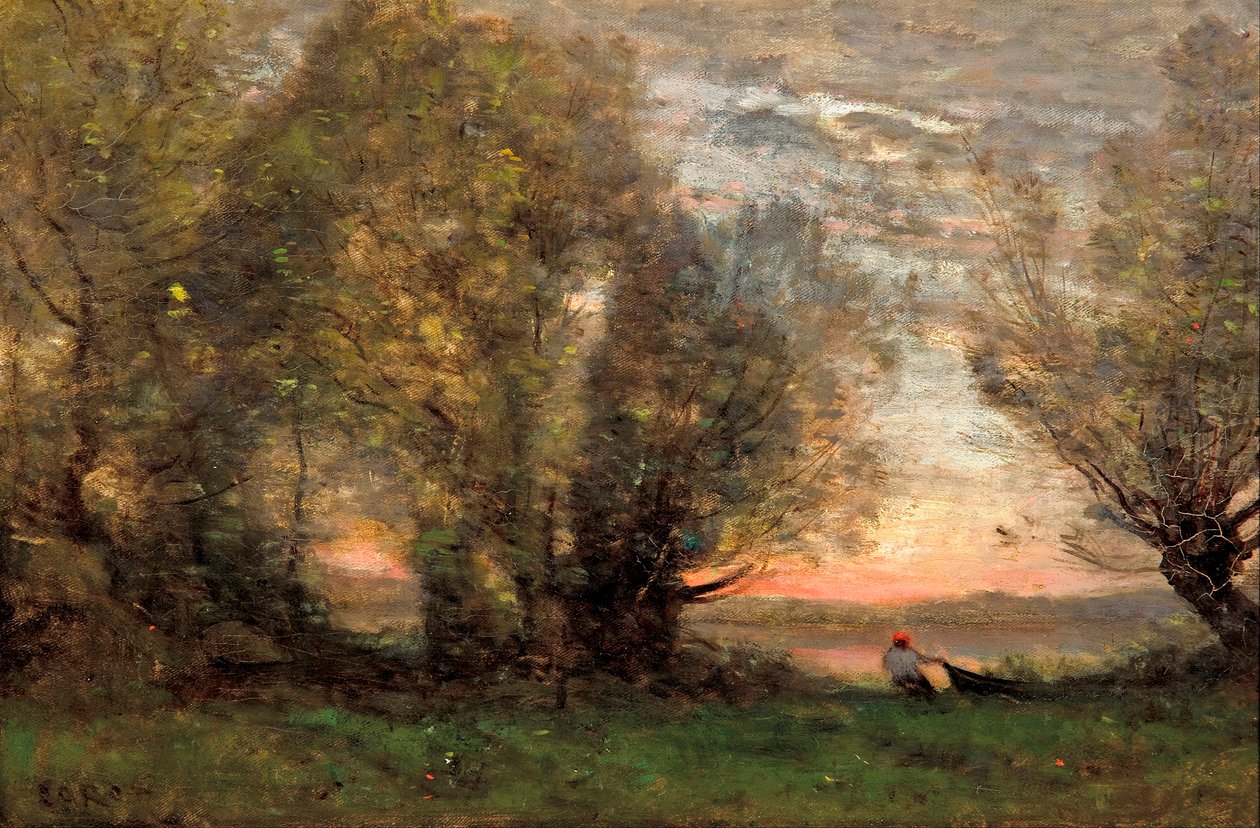 "The Fisherman, evening effect" (The fisherman, evening effect) Maleri av Jean-Baptiste Camille Corot (1796-1875) - ca 1860-1870 - Olje på lerret Dim 27,7x41,4 cm Art Gallery of South Australia av Jean Baptiste Camille Corot