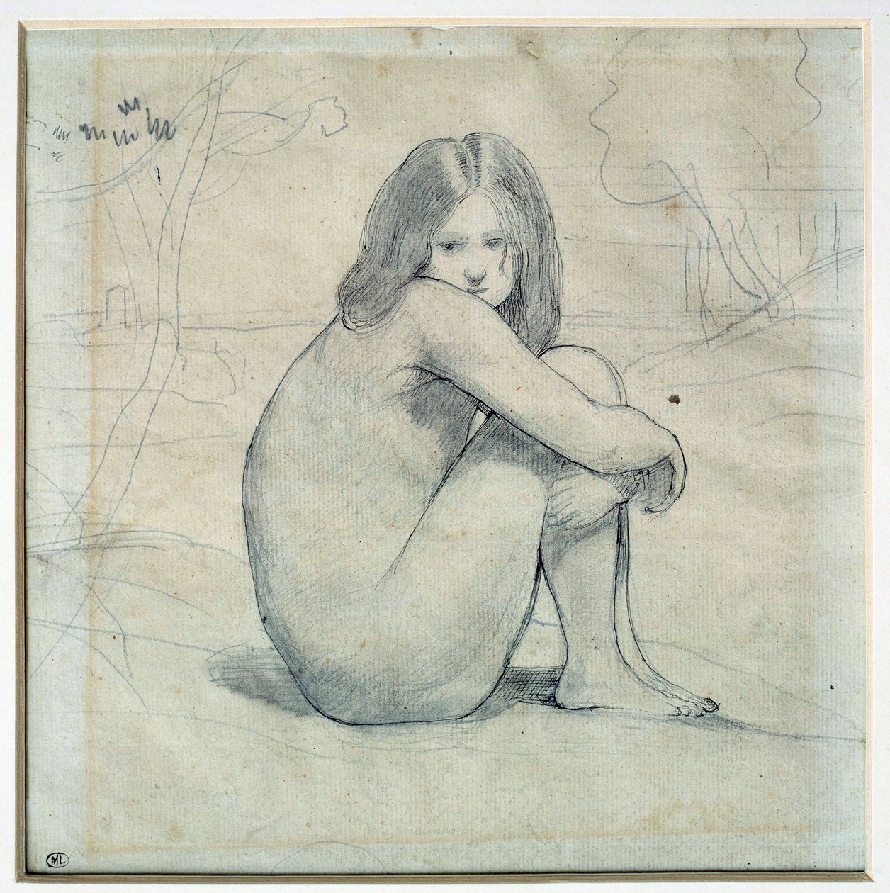 Liten jente som sitter i et landskap Blyanttegning og svart blekk av Camille Corot (1796-1875) 1800-tallets sol. 0,22x0,26 m Paris, Musée du Louvre av Jean Baptiste Camille Corot