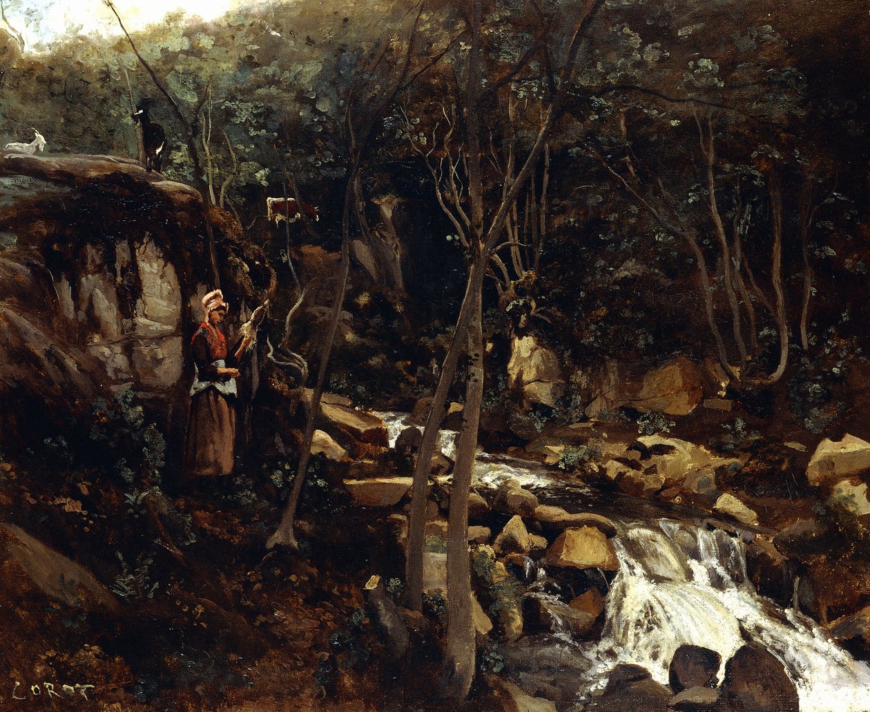 Lormes - A Torrent with a Standing Peasant, Spinning Wool, 1842 av Jean Baptiste Camille Corot