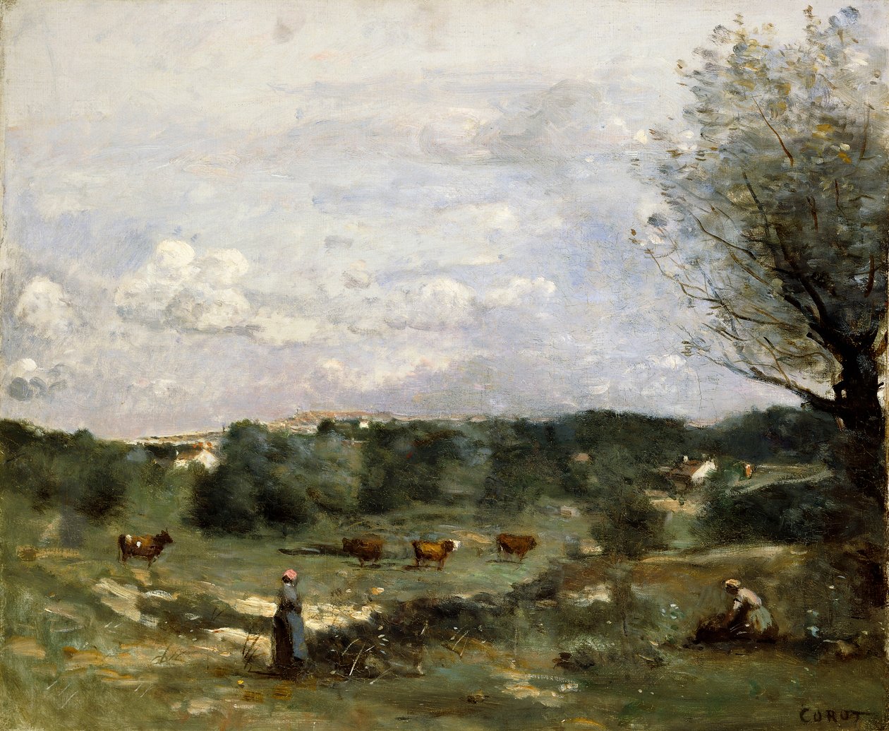 Eng med kyr, en pil til høyre og en fjern landsby, av Jean Baptiste Camille Corot