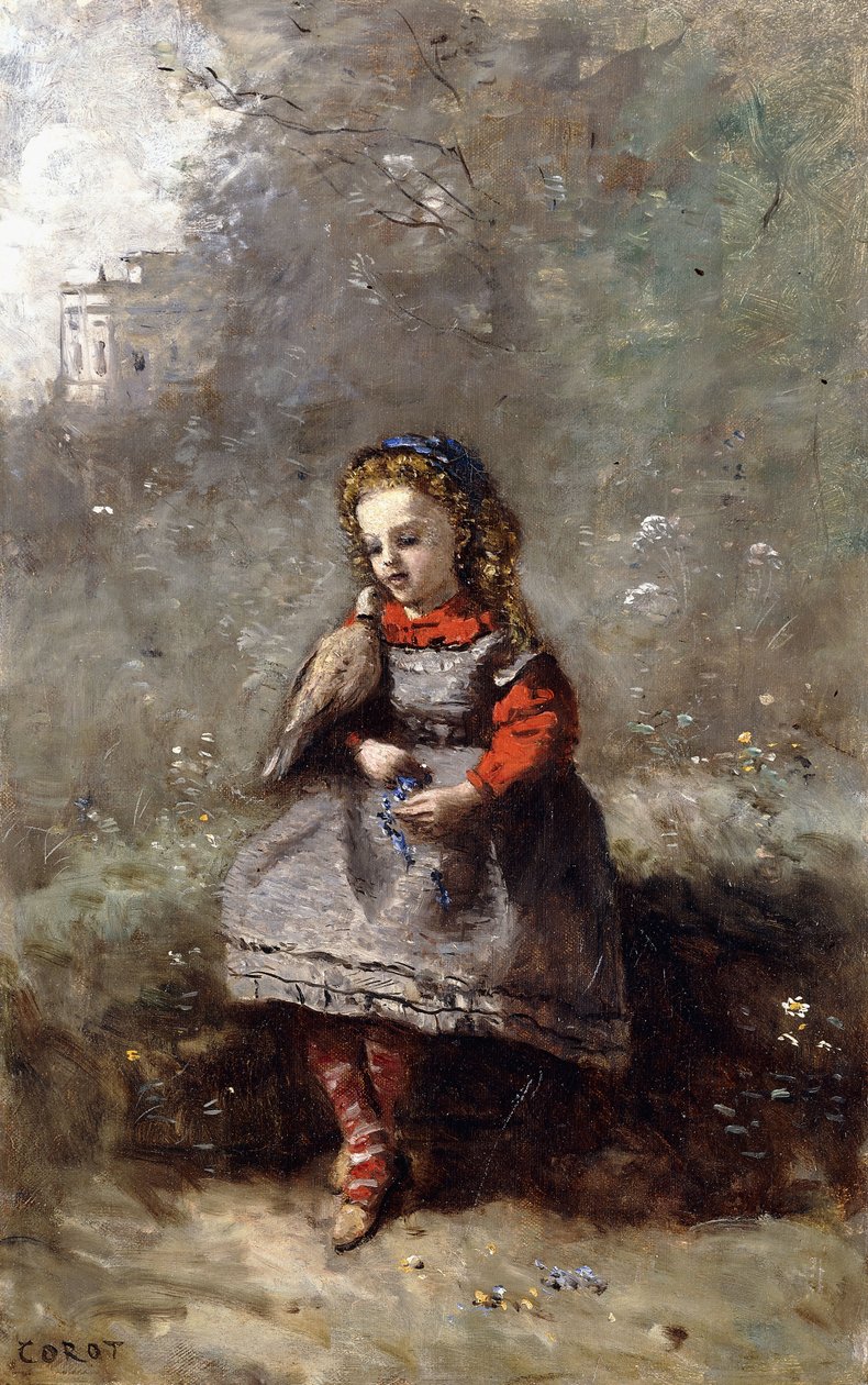Mlle. Leotine Desavary holder en due, 1872 av Jean Baptiste Camille Corot