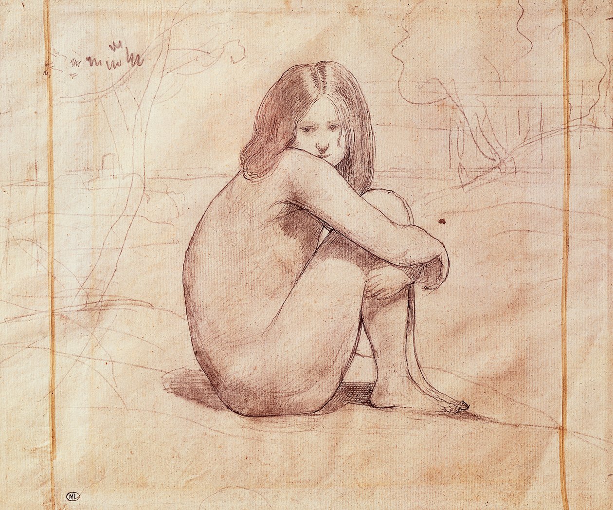 Naken jente sitter, tegning av Jean-Baptiste-Camille Corot (1796-1875) av Jean Baptiste Camille Corot