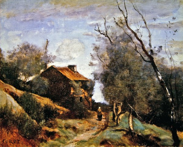 Sti som fører til et hus på landet (olje på lerret) av Jean Baptiste Camille Corot