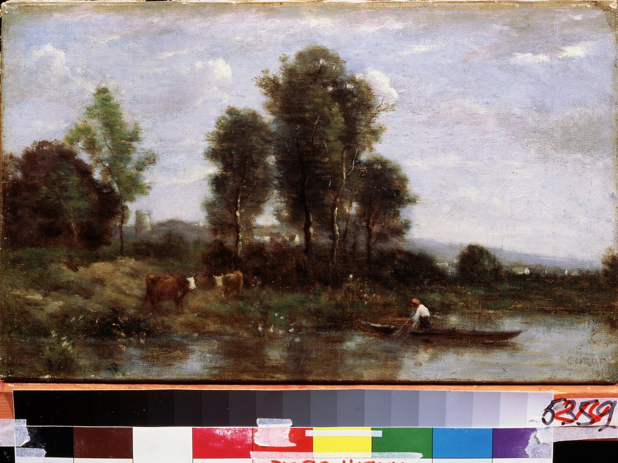 ""Paysage a la riviere"" (Landskap med en elv) Maleri av Camille Corot (1796-1875) 1800-tallets Far Eastern Art Museum, Khabarovsk, Russland av Jean Baptiste Camille Corot