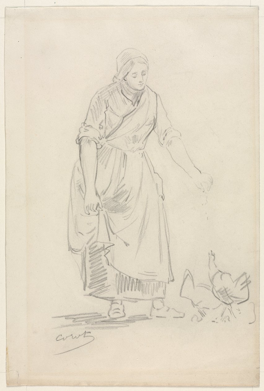 Bondepike som mater kyllinger av Jean Baptiste Camille Corot