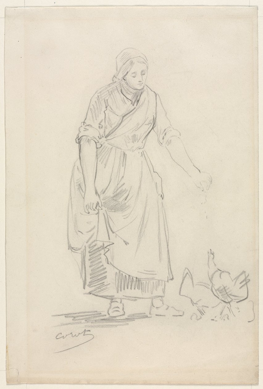 Bondepike som mater kyllinger, 1800-tallet. av Jean Baptiste Camille Corot