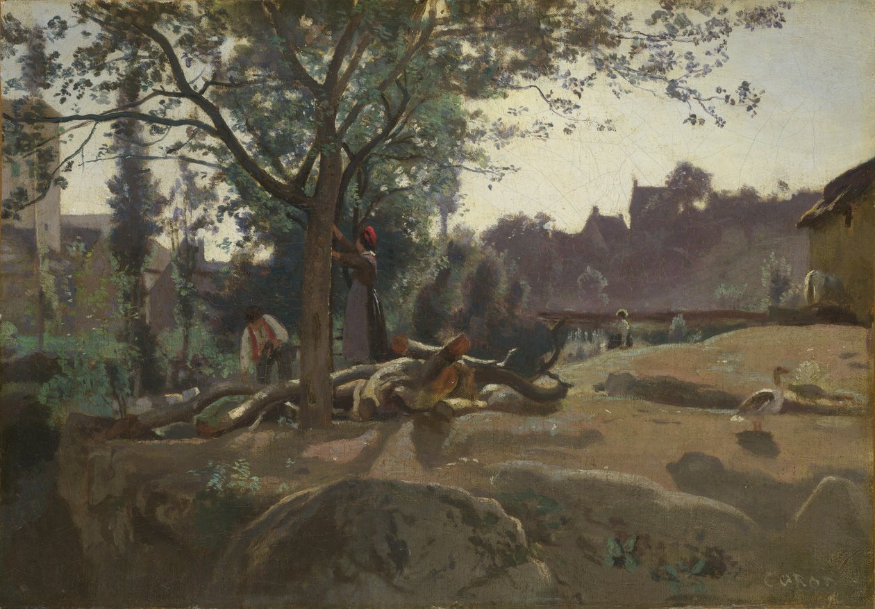 Bønder under trærne ved daggry, ca. 1843 av Jean Baptiste Camille Corot
