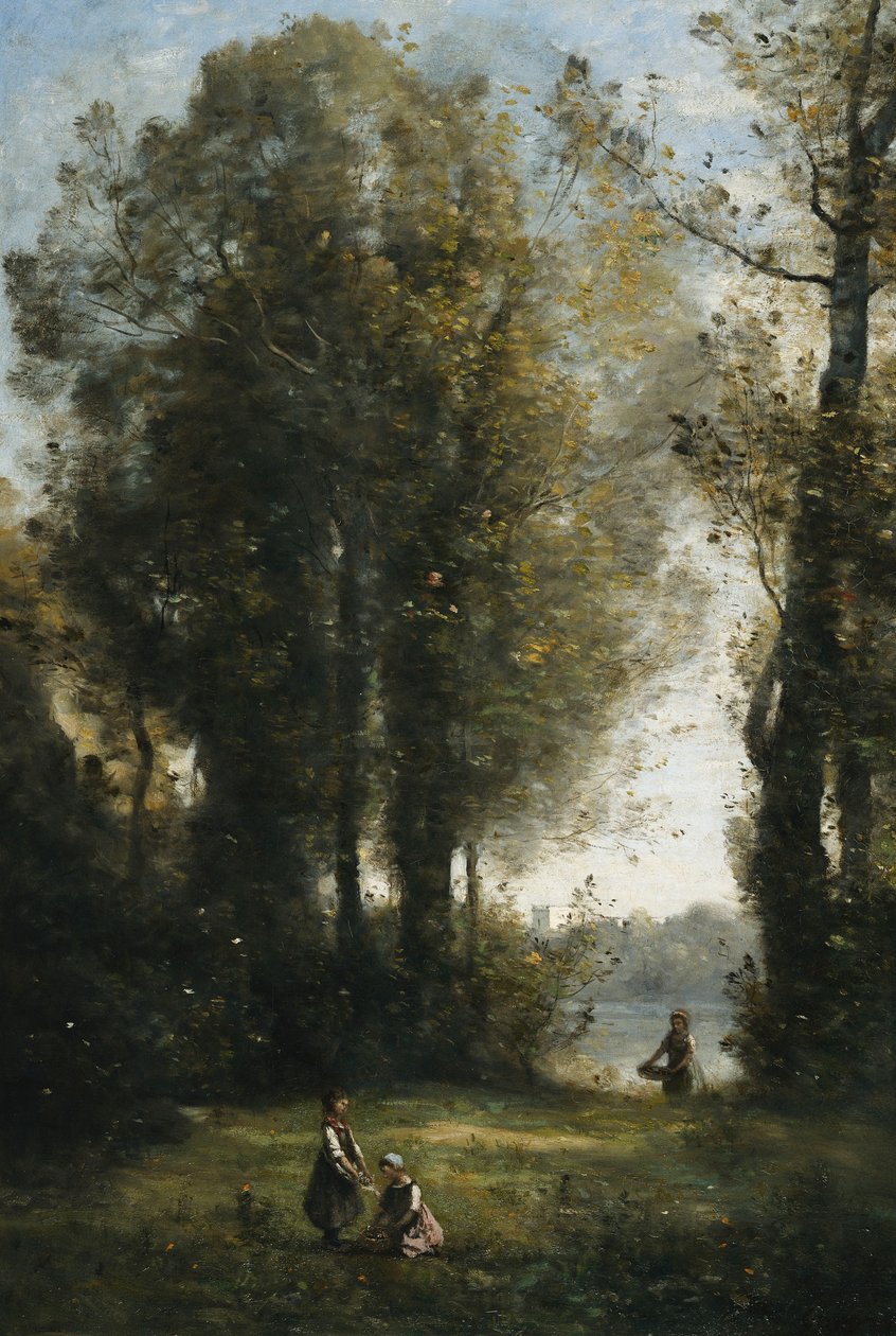 plukke tusenfryd; Plukkende tusenfryd, ca. 1865-1870 av Jean Baptiste Camille Corot