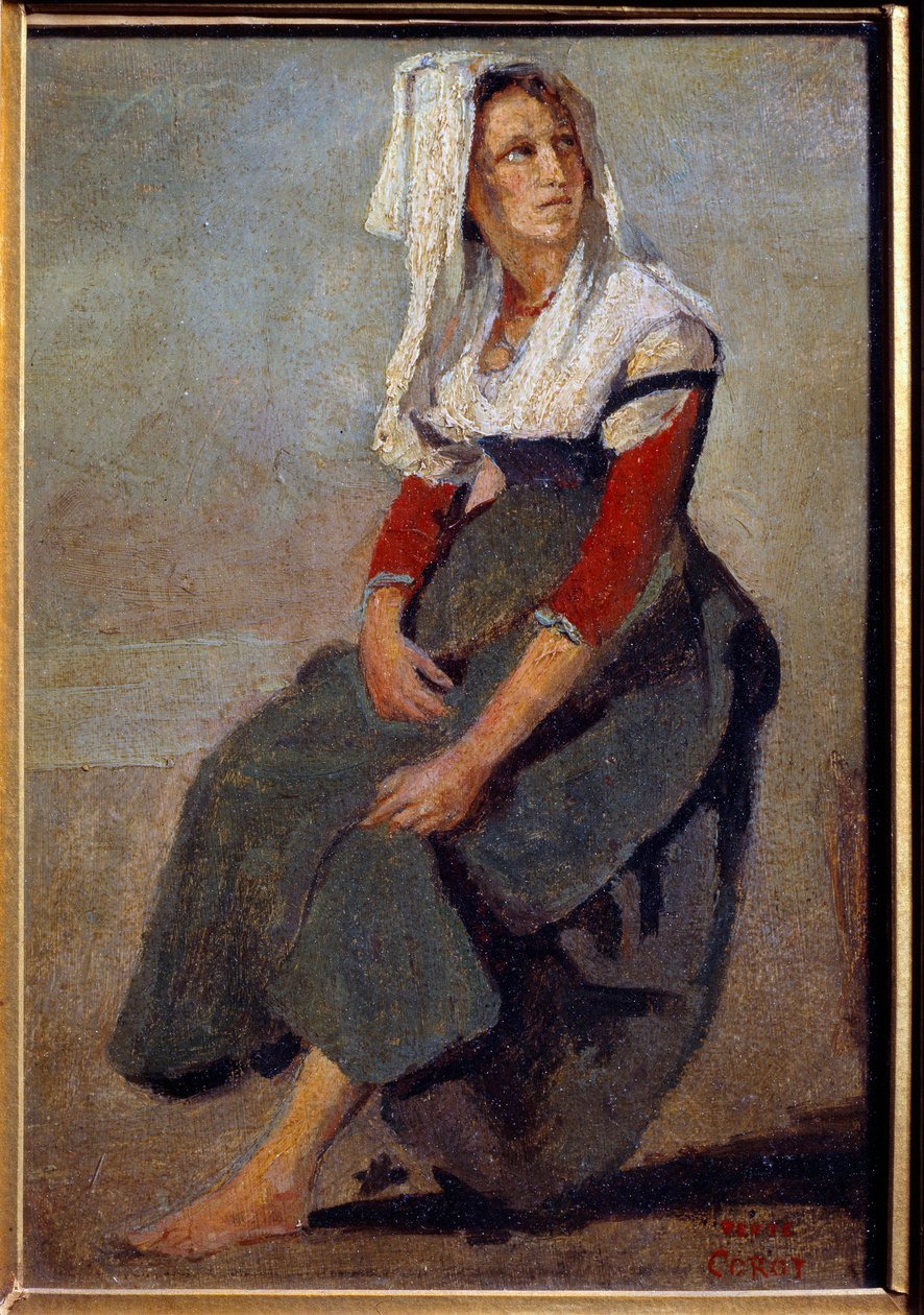 Portrett av italieneren Maria de Sorre, sittende med hodet opp Maleri på papp av Camille Corot av Jean Baptiste Camille Corot