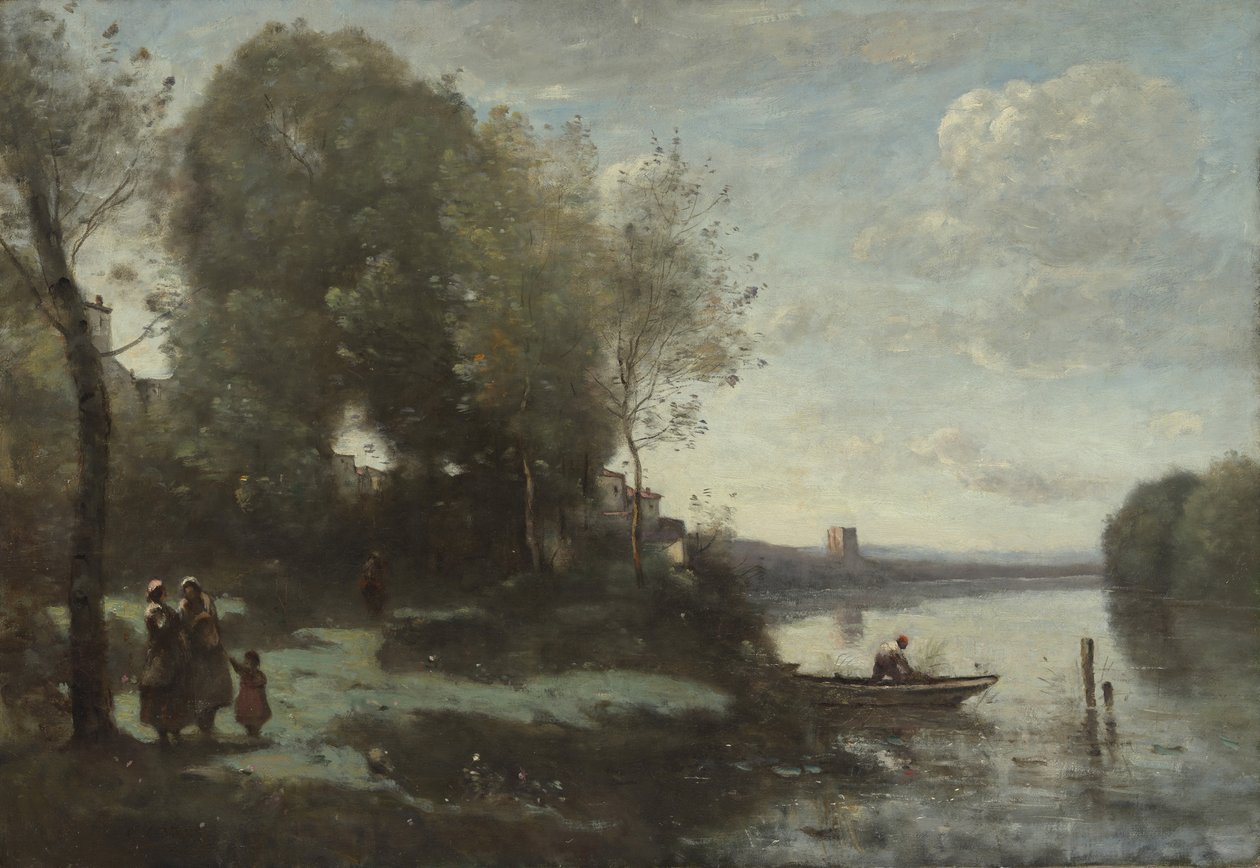 Elv med et fjernt tårn, 1865. av Jean Baptiste Camille Corot