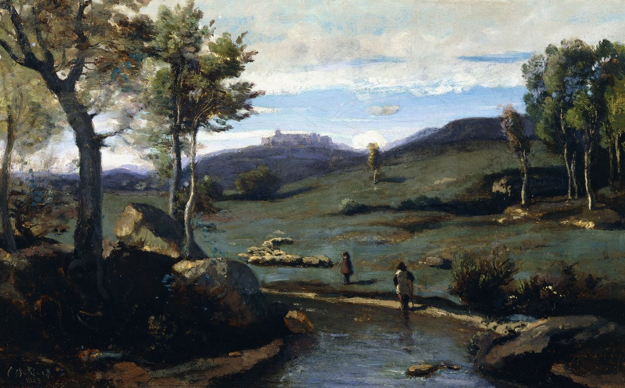 Romersk landsbygd - Rocky Valley med en flokk med griser, 1843 av Jean Baptiste Camille Corot