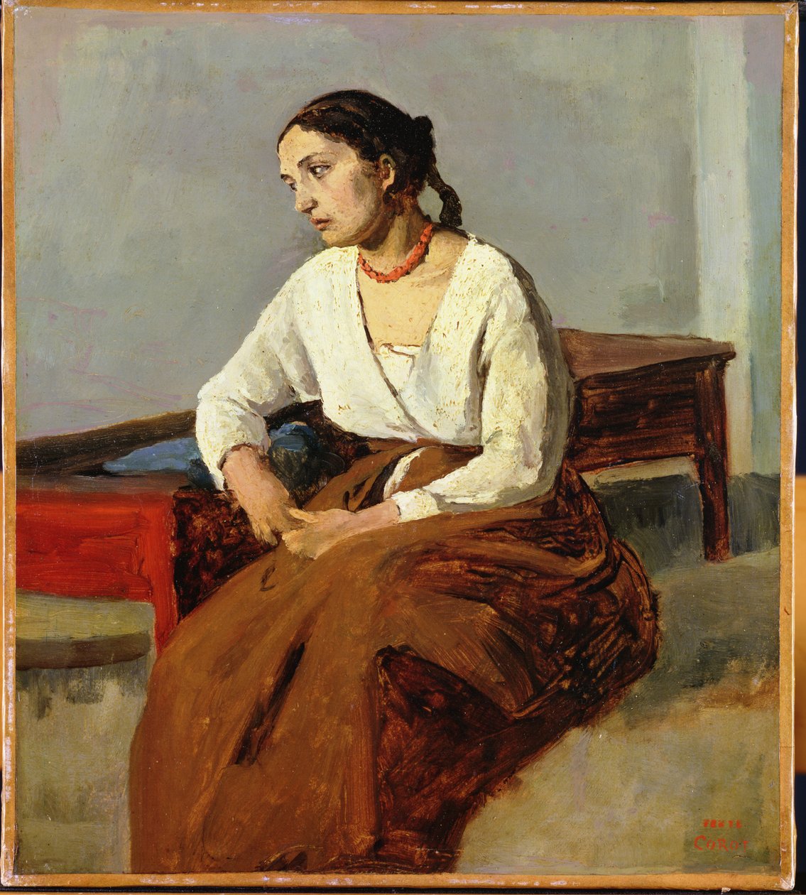Sittende kvinne i brunt skjørt av Jean Baptiste Camille Corot
