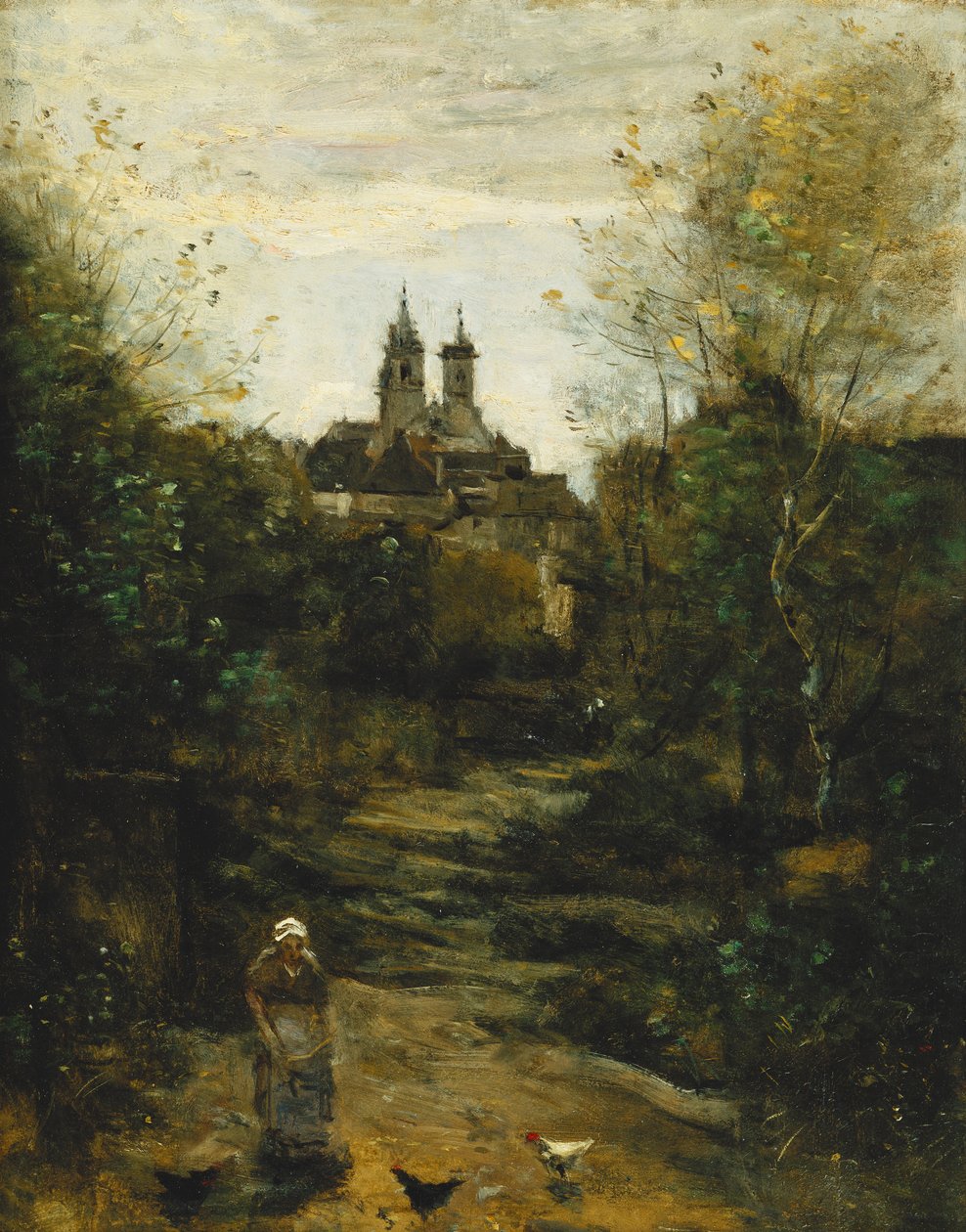 Semur, Veien til kirken; Semur, Le Chemin de l"Eglise, ca. 1855-1860 og 1872-1873 av Jean Baptiste Camille Corot