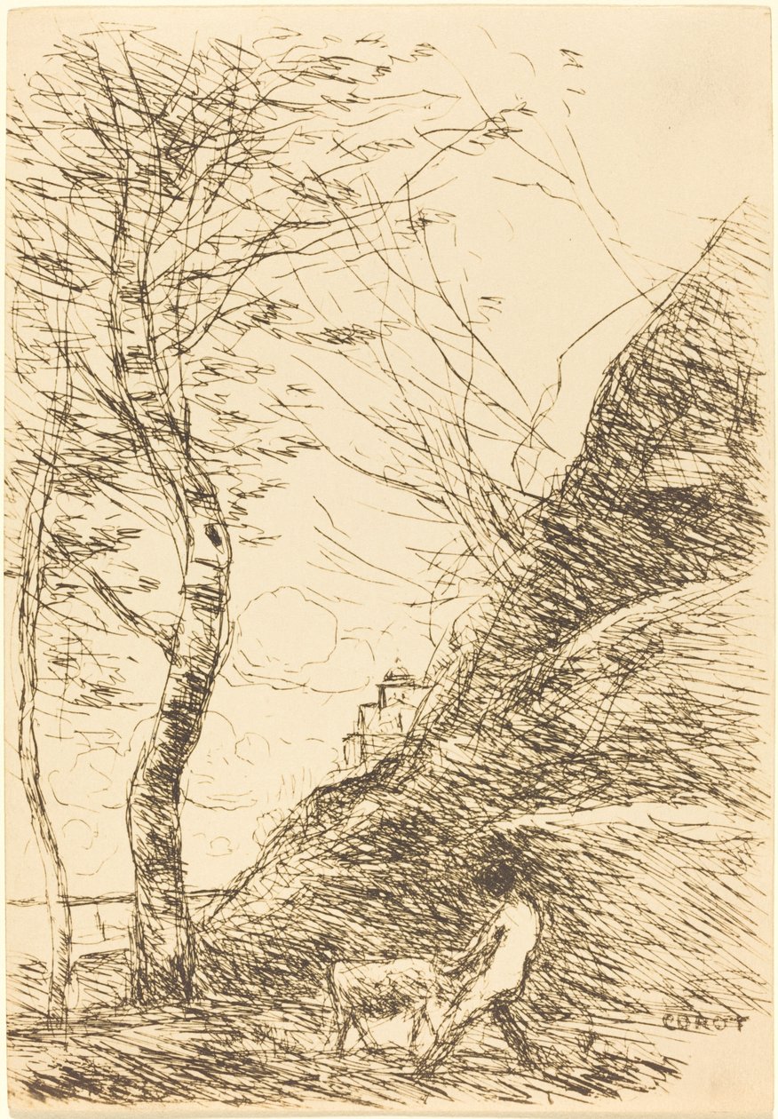 Gjeter som sliter med en geit (Berger luttant avec sa chevre) av Jean Baptiste Camille Corot